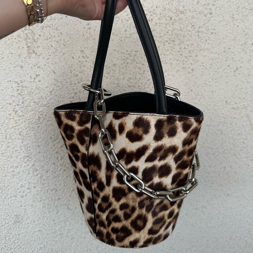 Alexander Wang Leopard Ponyhair Fur Bucket Bag Black Leather Silver Chain